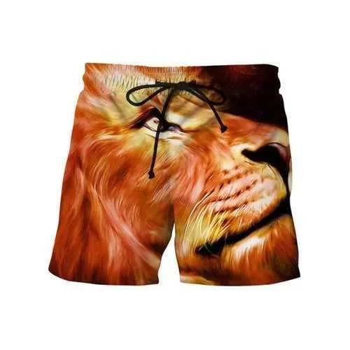 3D Lion Printed Drawstring Beach Shorts - Dark Orange M