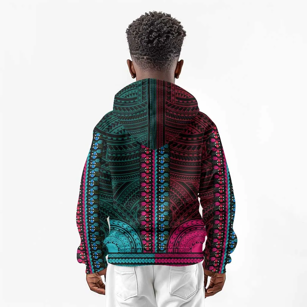 African Dashiki and Polynesian Pattern Kid Hoodie Half Teal-Pink LT9