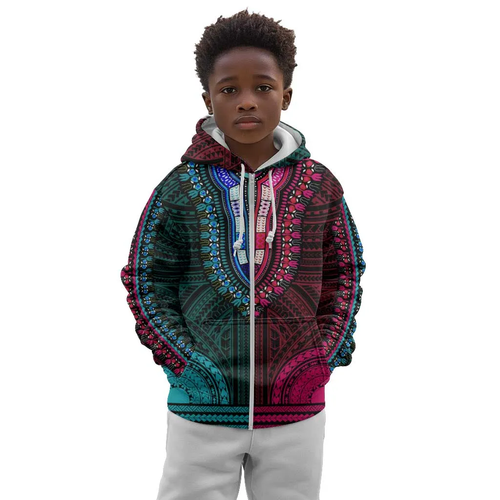 African Dashiki and Polynesian Pattern Kid Hoodie Half Teal-Pink LT9