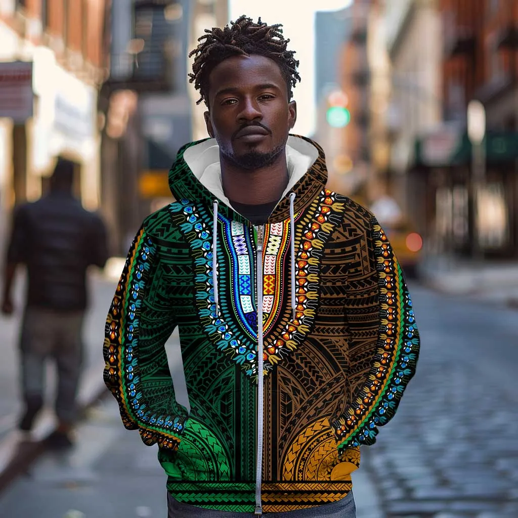 African Dashiki and Polynesian Pattern Zip Hoodie Half Green-Gold LT9