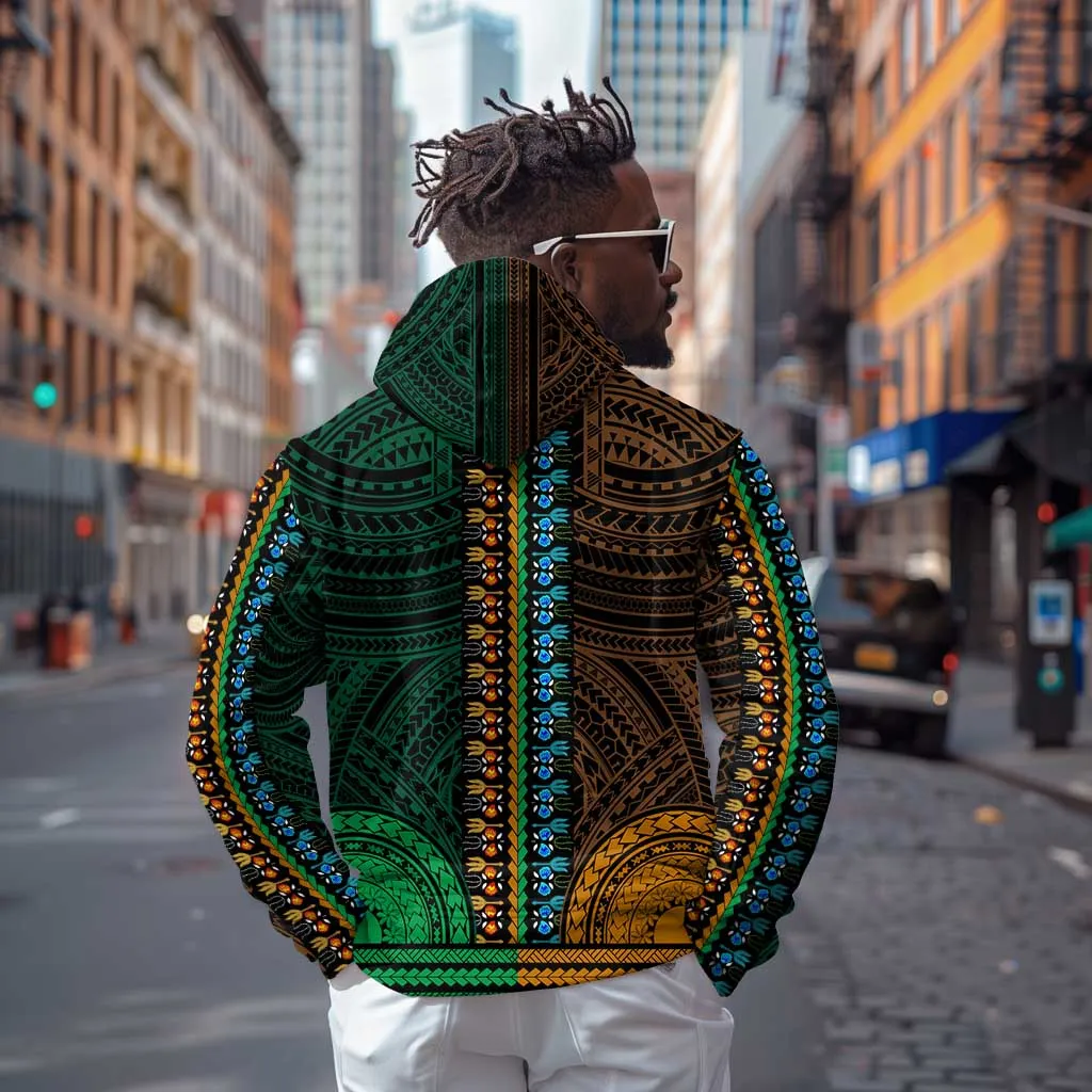 African Dashiki and Polynesian Pattern Zip Hoodie Half Green-Gold LT9
