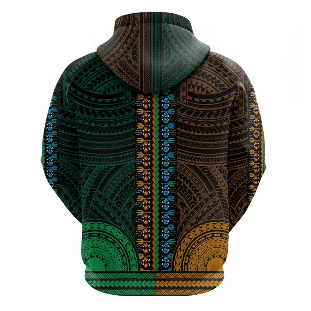 African Dashiki and Polynesian Pattern Zip Hoodie Half Green-Gold LT9