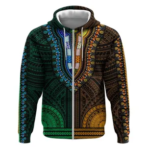 African Dashiki and Polynesian Pattern Zip Hoodie Half Green-Gold LT9