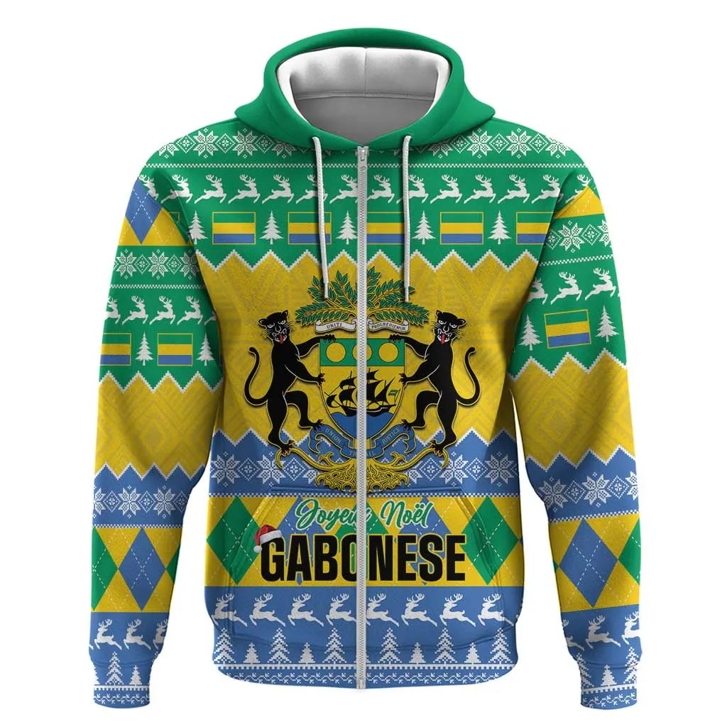 Afro Gabon Christmas Zip Hoodie Joyeux Noel Coat Of Arms - African Pattern LT14