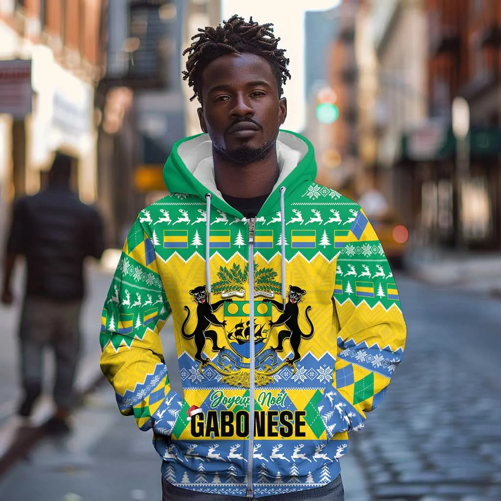 Afro Gabon Christmas Zip Hoodie Joyeux Noel Coat Of Arms - African Pattern LT14