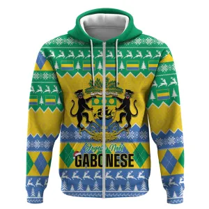 Afro Gabon Christmas Zip Hoodie Joyeux Noel Coat Of Arms - African Pattern LT14