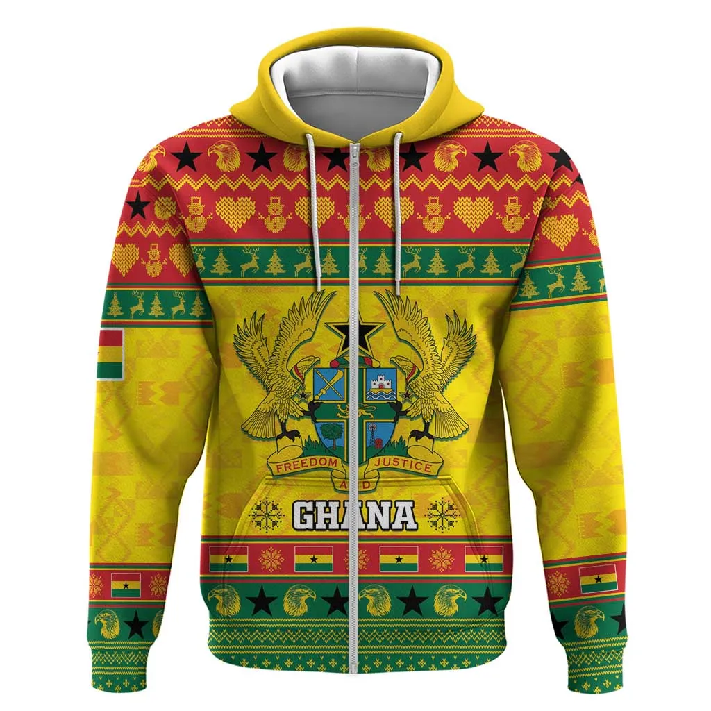 Afro Ghana Christmas Zip Hoodie Coat Of Arms - Kente Pattern LT15