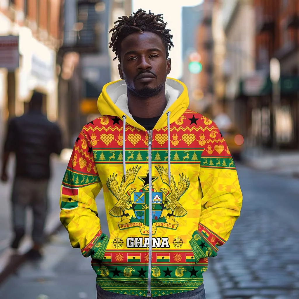Afro Ghana Christmas Zip Hoodie Coat Of Arms - Kente Pattern LT15