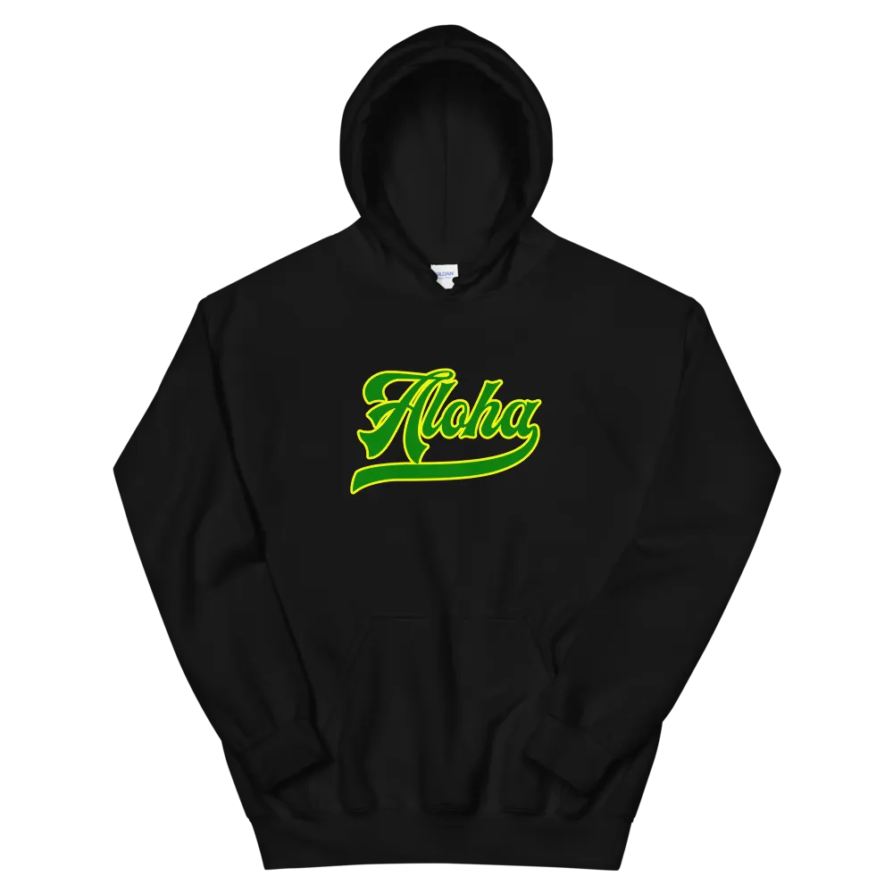 Aloha Script ~ Green with Yellow Border *ADULT HOODIE*