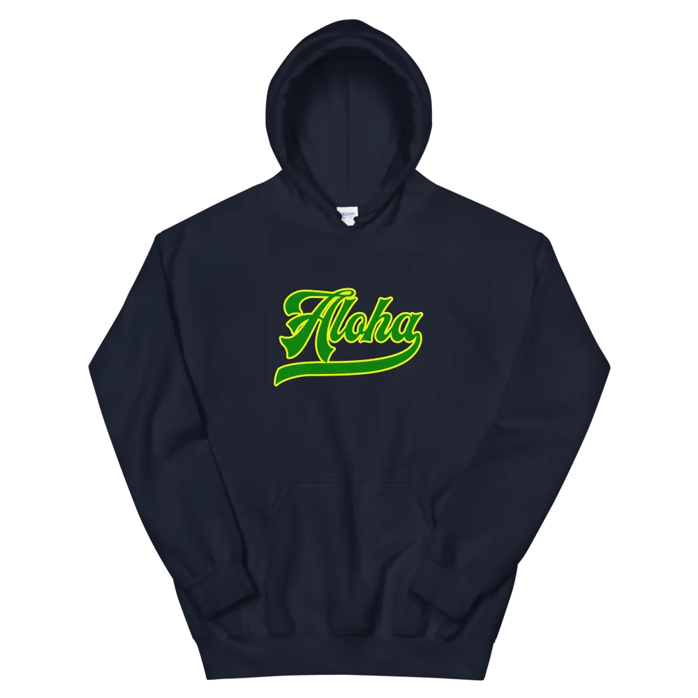 Aloha Script ~ Green with Yellow Border *ADULT HOODIE*