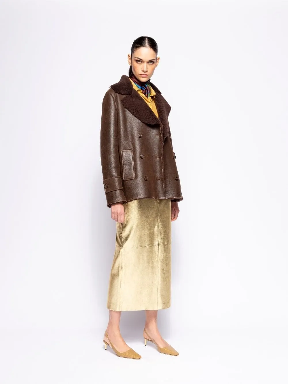 Amelia Coffee Bean Embroidered Shearling Jacket