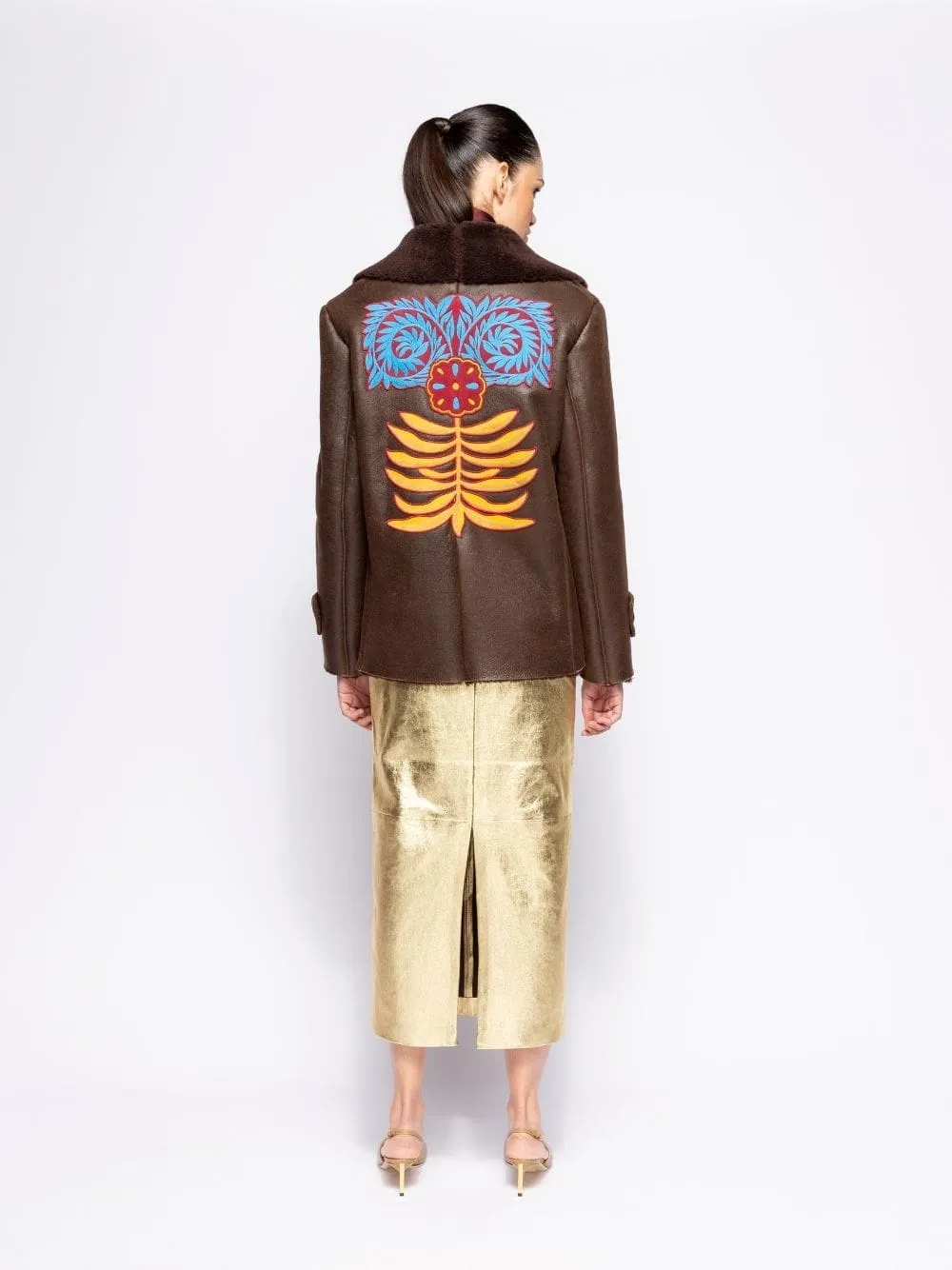 Amelia Coffee Bean Embroidered Shearling Jacket