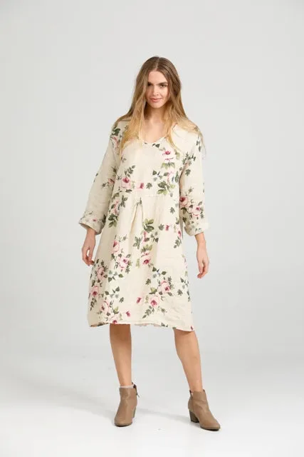 Amelia Floral Linen dress. Antique Cream