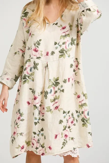 Amelia floral linen dress .  cream