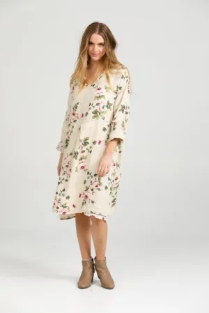 Amelia floral linen dress .  cream