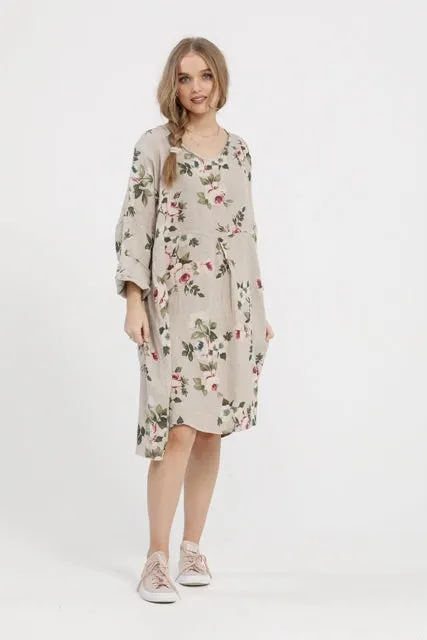 Amelia floral linen dress. Natural.