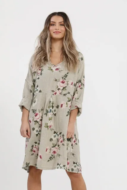 Amelia floral linen dress. Natural.