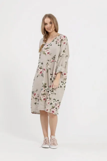 Amelia floral linen dress. Natural.