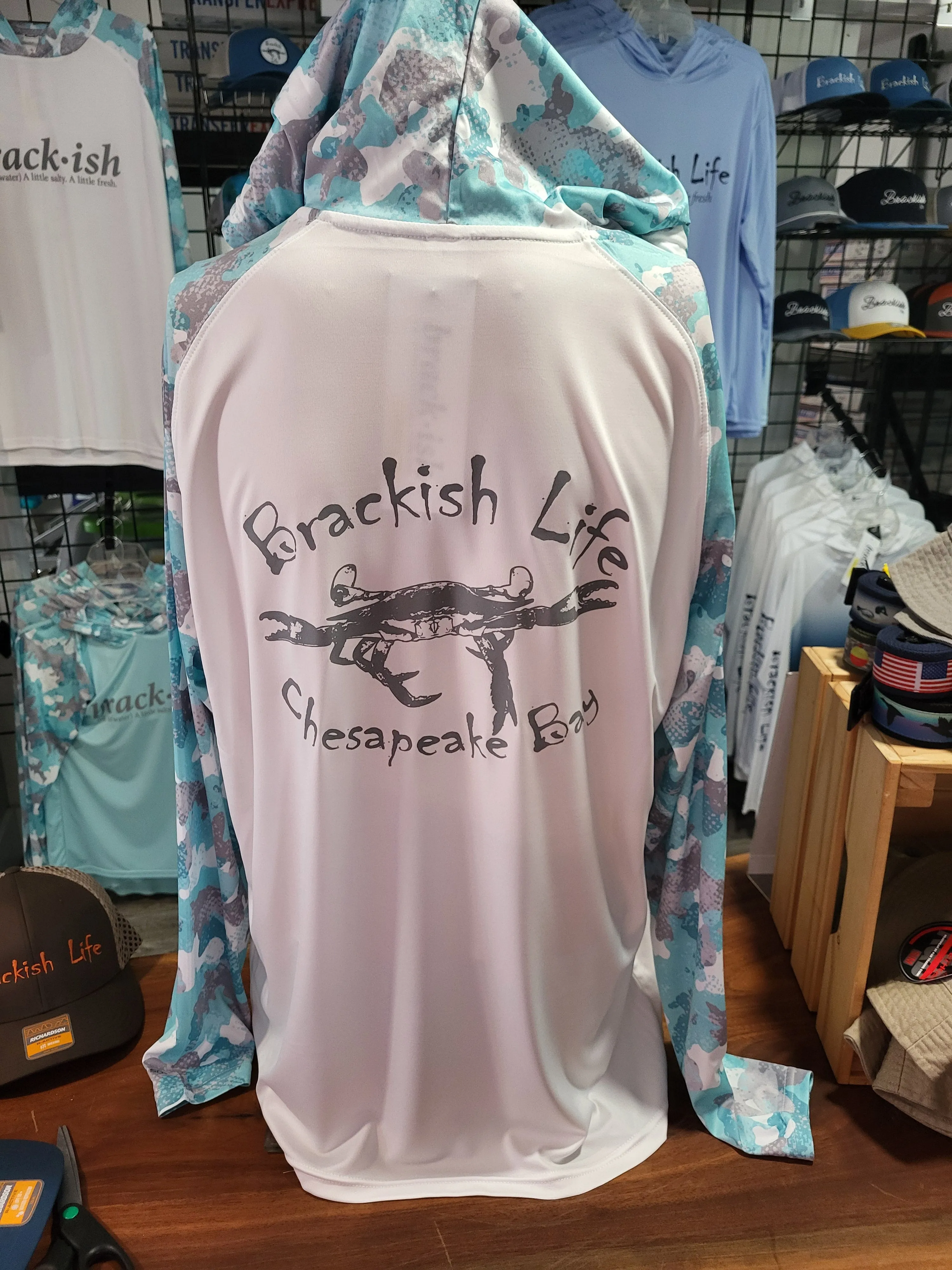 Aqua Blue Camo Hooded Performance UV with Brackish Life Definition
