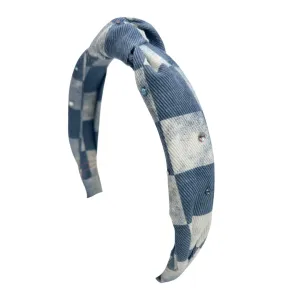 Bari Lynn Denim Check Twist Knot Headband w/Swarovski Crystals - Blue