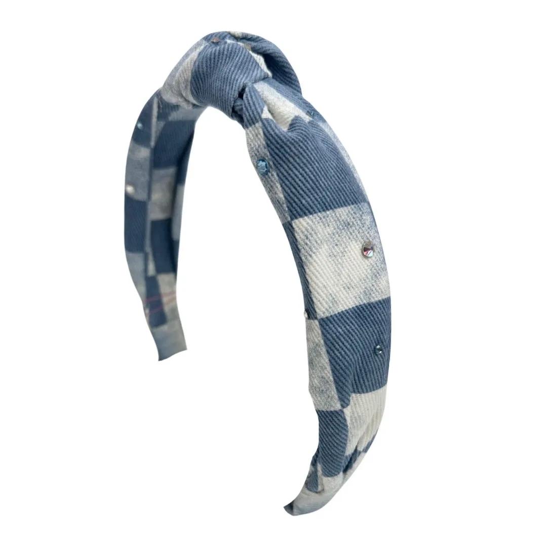 Bari Lynn Denim Check Twist Knot Headband w/Swarovski Crystals - Blue