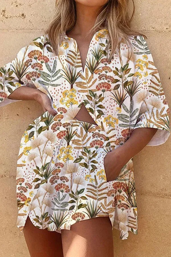 Beautiful Contrasting Cactus Print Button Pocket Lace Up Shorts Set