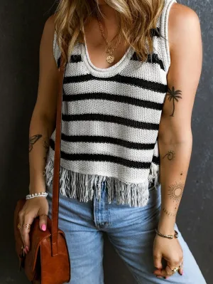 Beige Striped Fringe Detail Tank Top From MsDressly