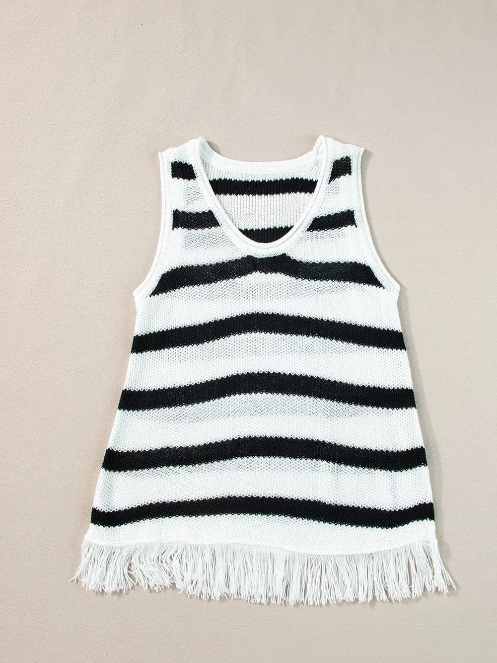 Beige Striped Fringe Detail Tank Top From MsDressly