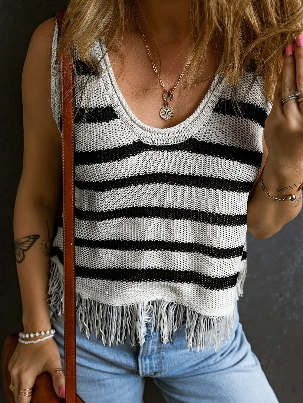 Beige Striped Fringe Detail Tank Top From MsDressly