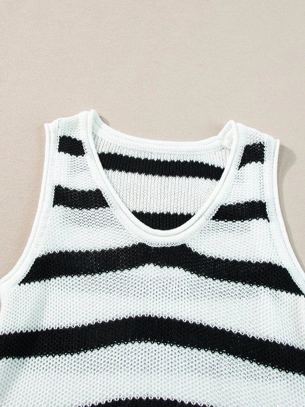 Beige Striped Fringe Detail Tank Top From MsDressly