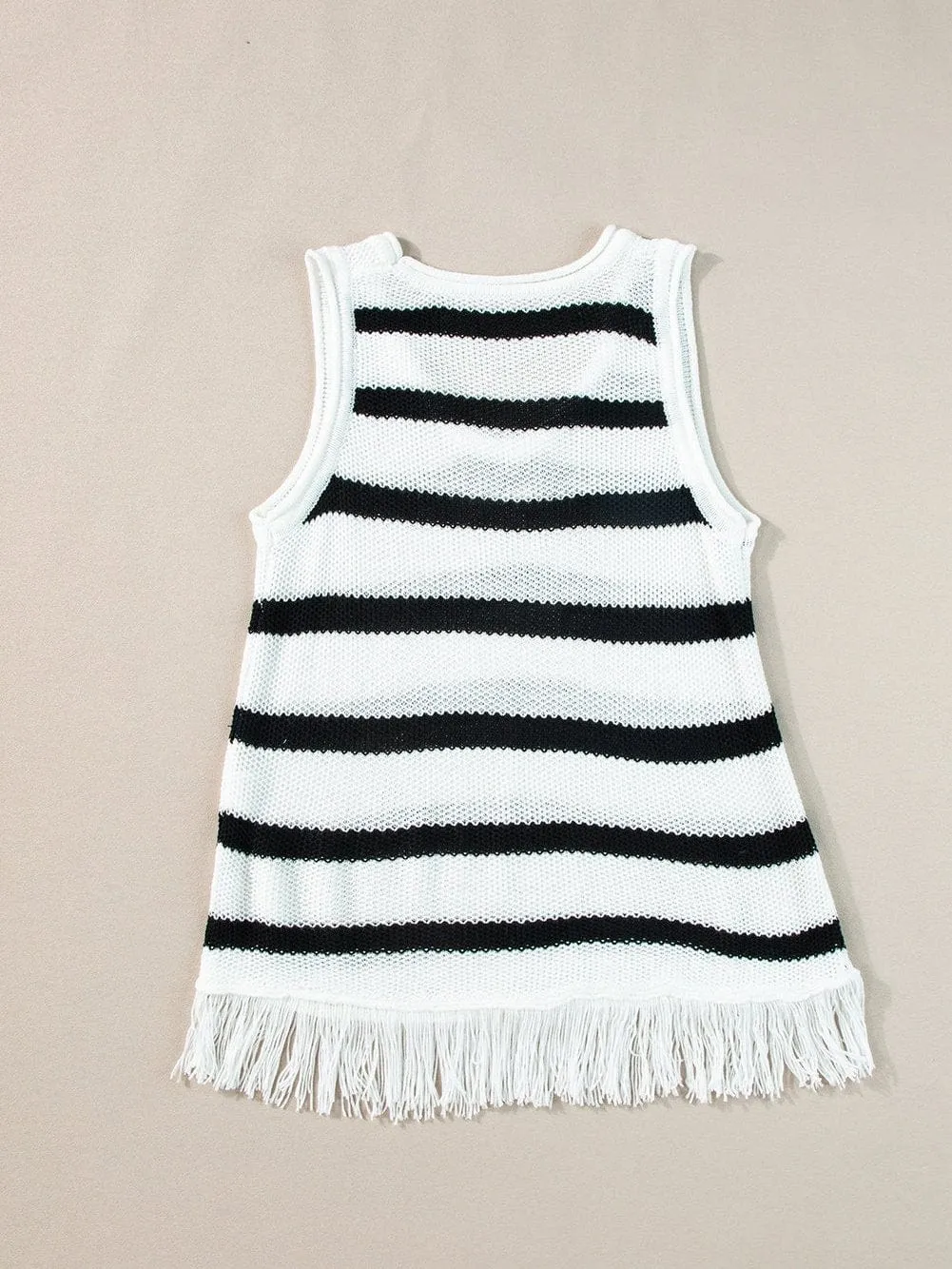 Beige Striped Fringe Detail Tank Top From MsDressly