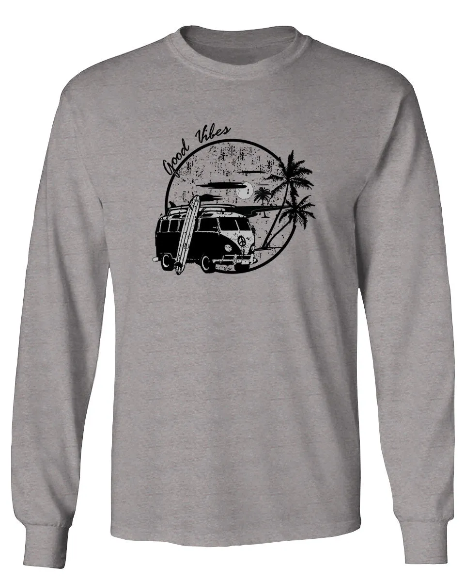 Big Cool Hipster Good Vibes Vintage Graphic surf Beach Print Summer mens Long sleeve t shirt
