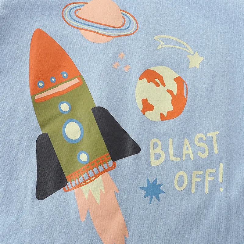 Blue T-Shirt with Space Rocket Pattern