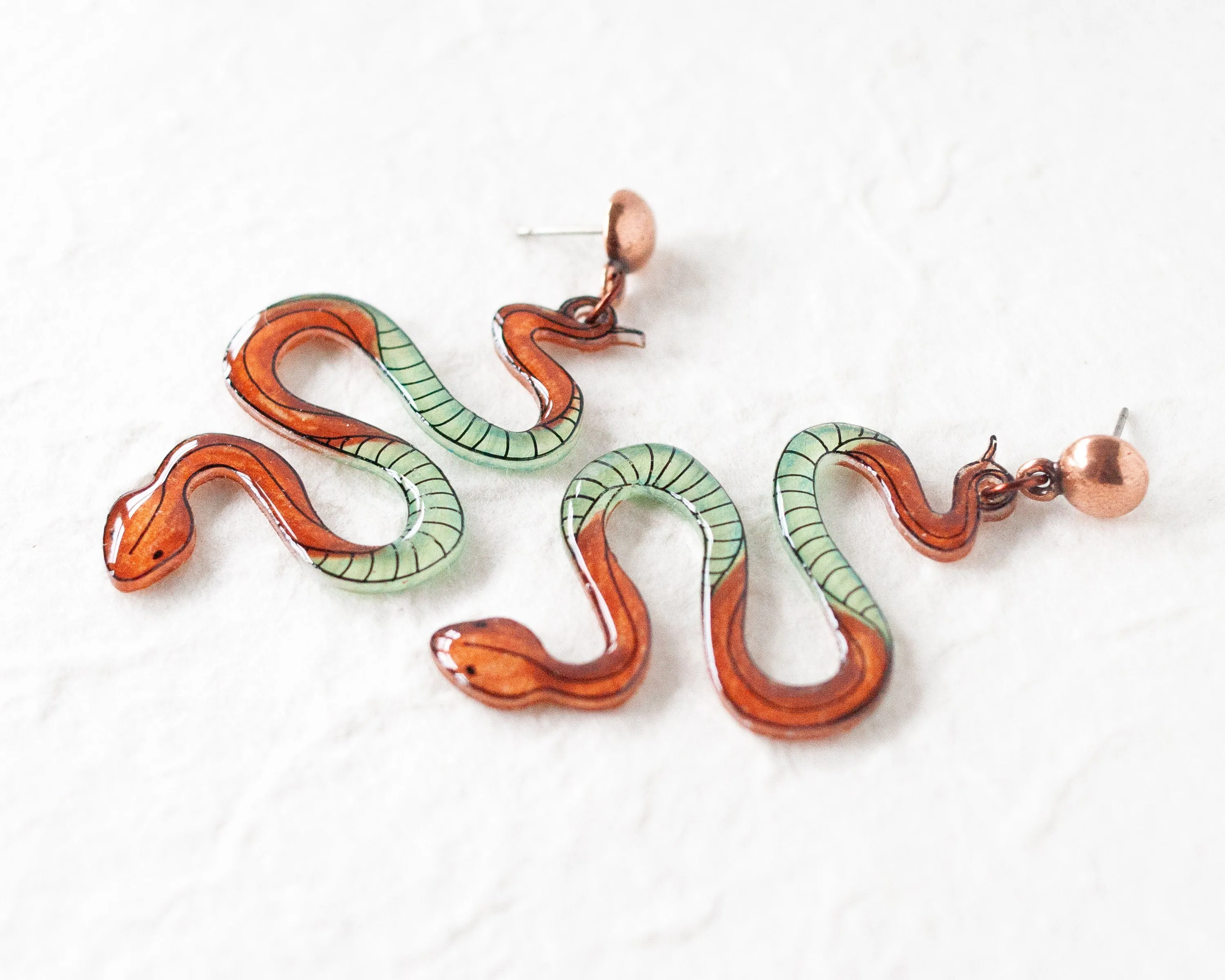Boho Snake Serpent Earrings/detailed snake Statement earrings bronze and green