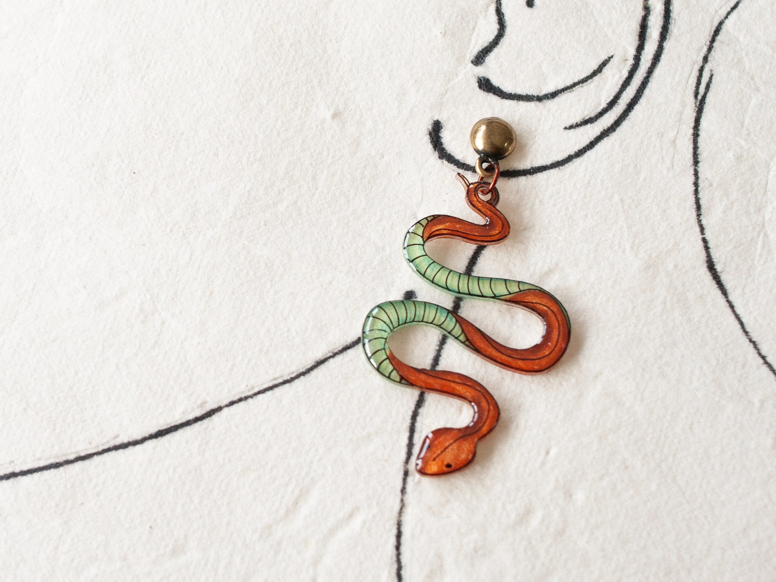 Boho Snake Serpent Earrings/detailed snake Statement earrings bronze and green