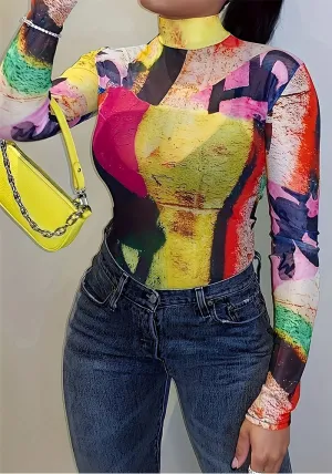 Bold Abstract Color Block Print Long Sleeve Mesh Top