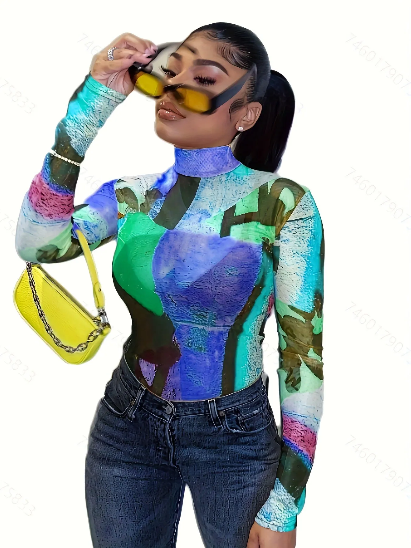 Bold Abstract Color Block Print Long Sleeve Mesh Top