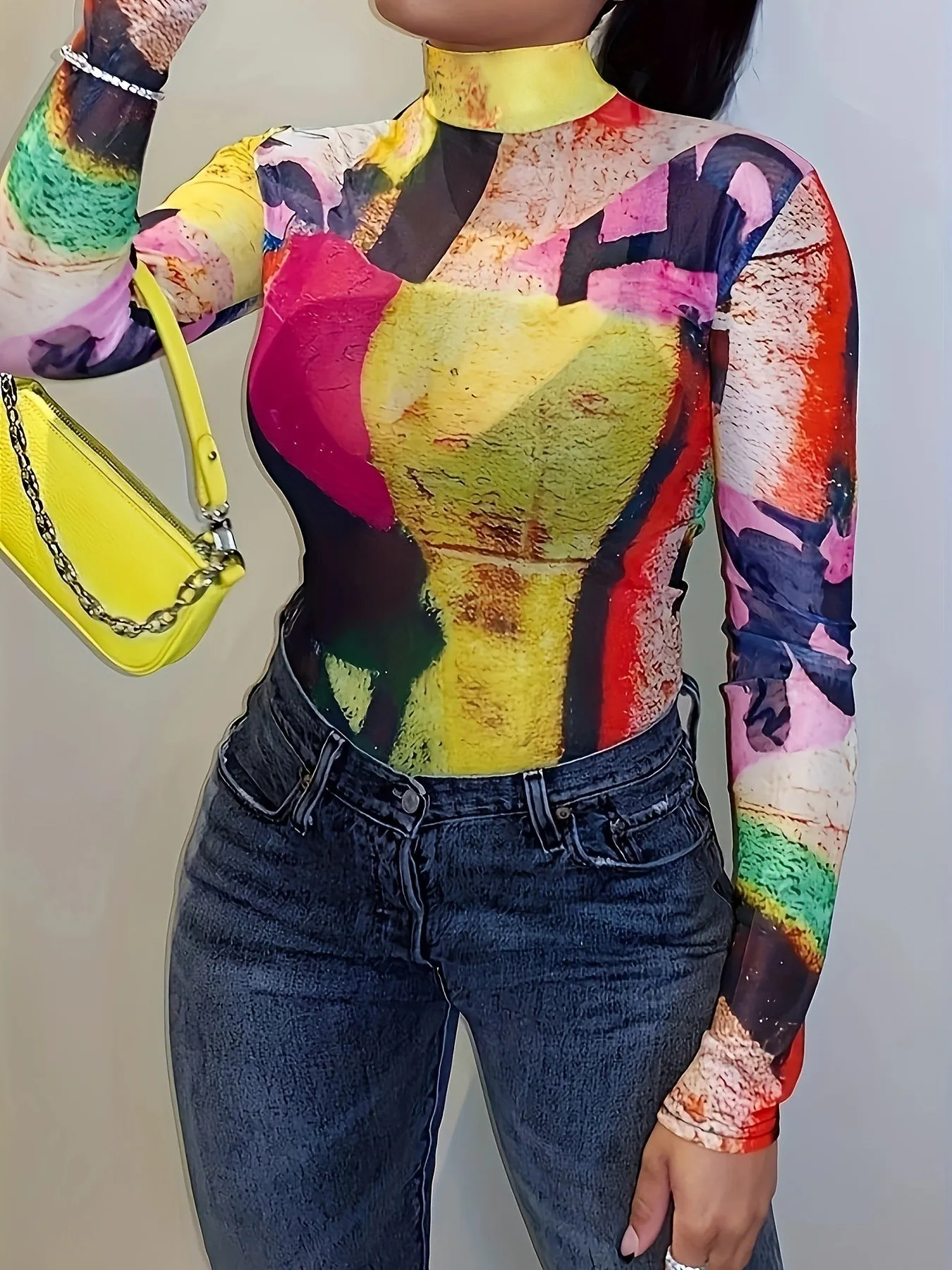 Bold Abstract Color Block Print Long Sleeve Mesh Top
