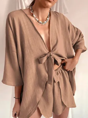 Bow Tie Loose Top Loose Style Shorts Ladies Set