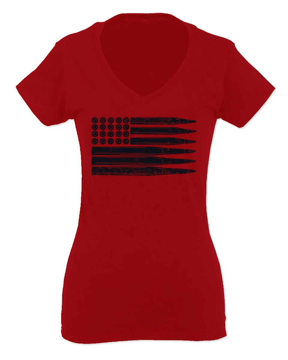 Bullet Flag 2nd Amendment American USA United State America For Women V neck fitted T Shirt