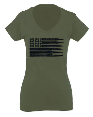 Bullet Flag 2nd Amendment American USA United State America For Women V neck fitted T Shirt