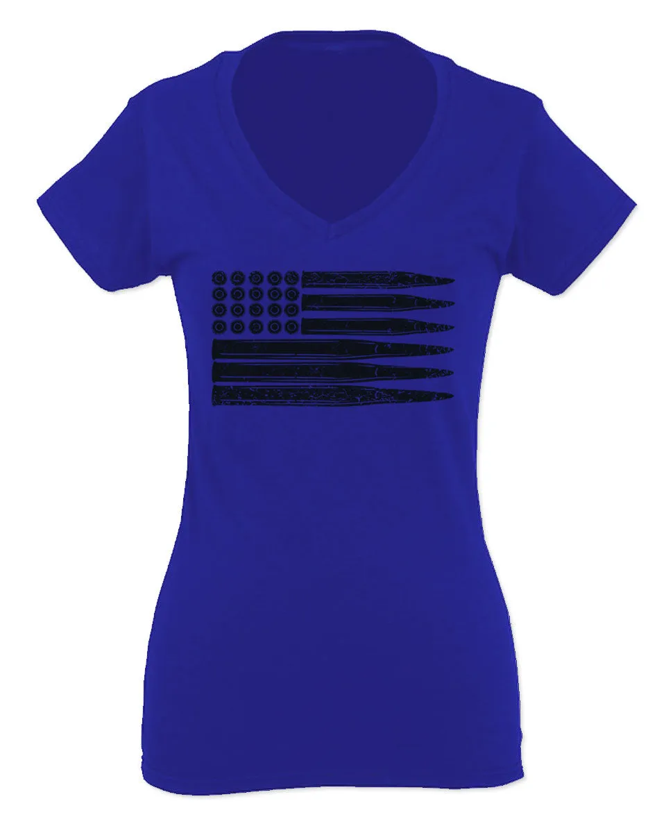 Bullet Flag 2nd Amendment American USA United State America For Women V neck fitted T Shirt