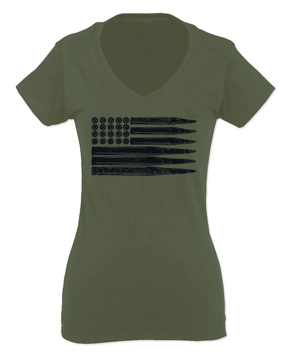 Bullet Flag 2nd Amendment American USA United State America For Women V neck fitted T Shirt
