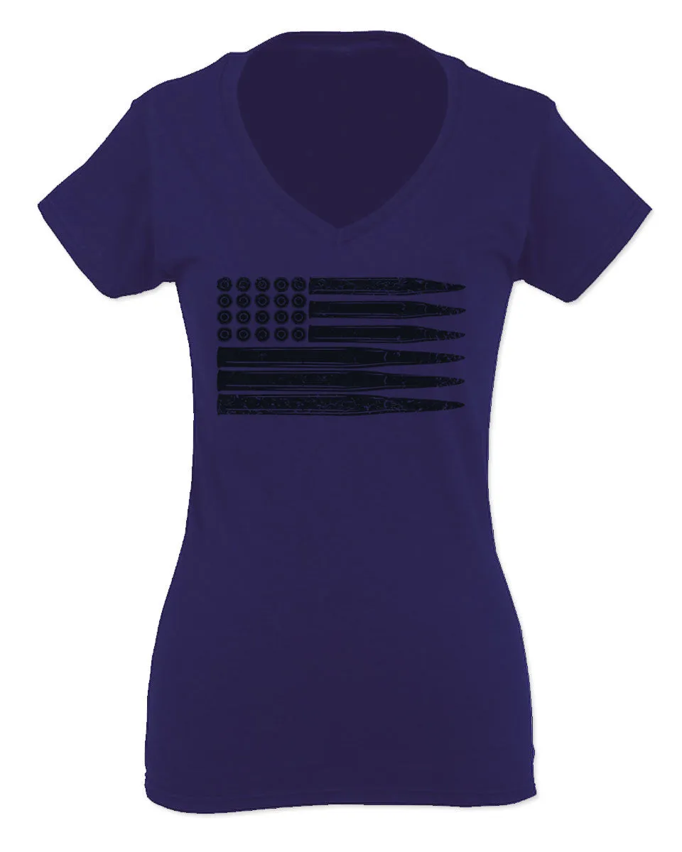 Bullet Flag 2nd Amendment American USA United State America For Women V neck fitted T Shirt