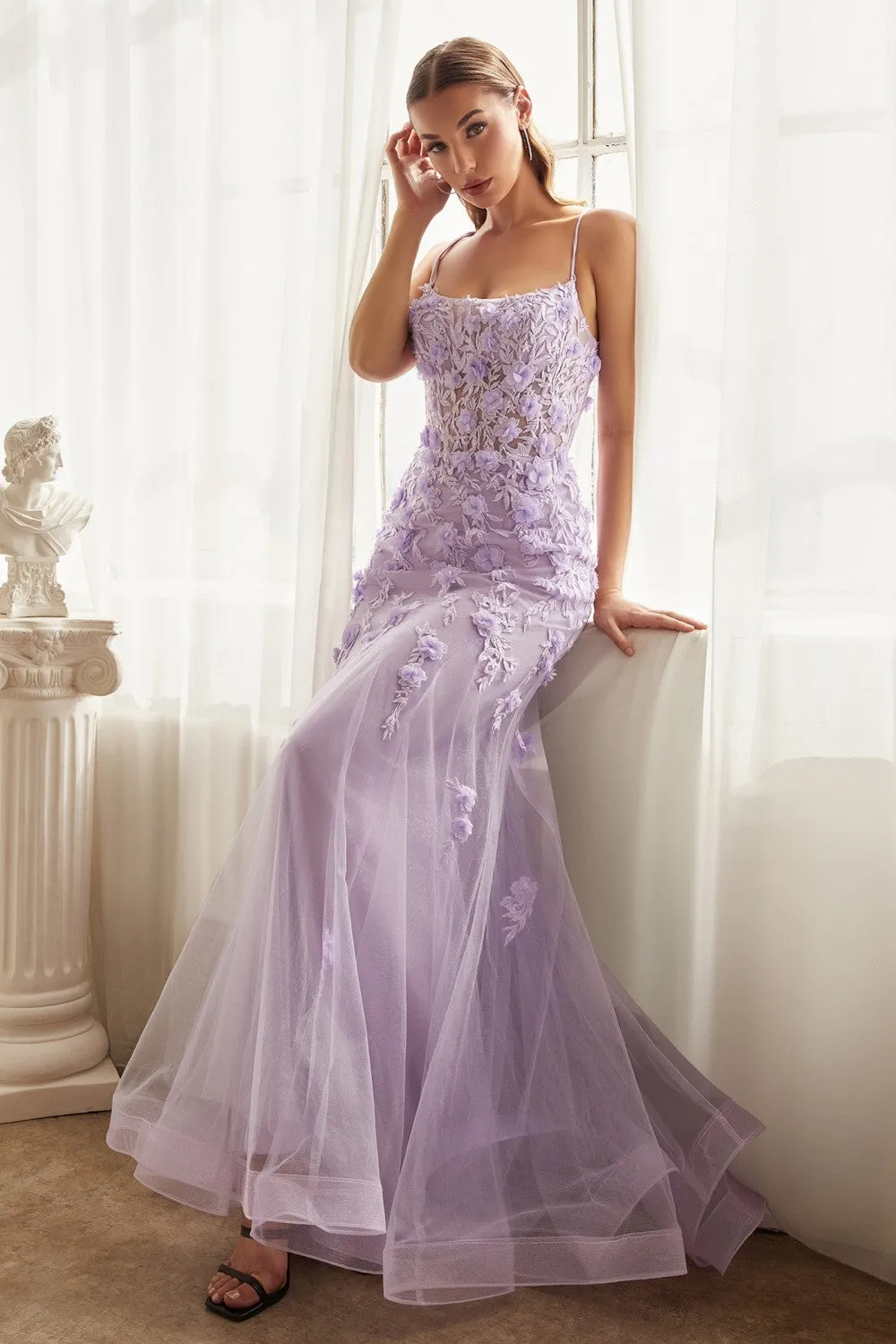 CD CD995 - 3D Floral Embellished Fit & Flare Prom Gown with Sheer Boned Bodice & Lace Up Corset Back