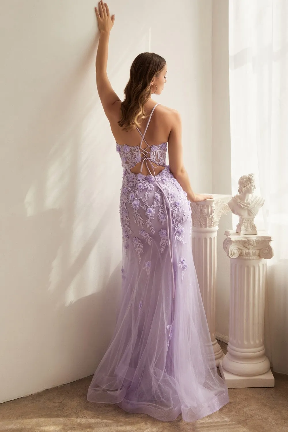 CD CD995 - 3D Floral Embellished Fit & Flare Prom Gown with Sheer Boned Bodice & Lace Up Corset Back