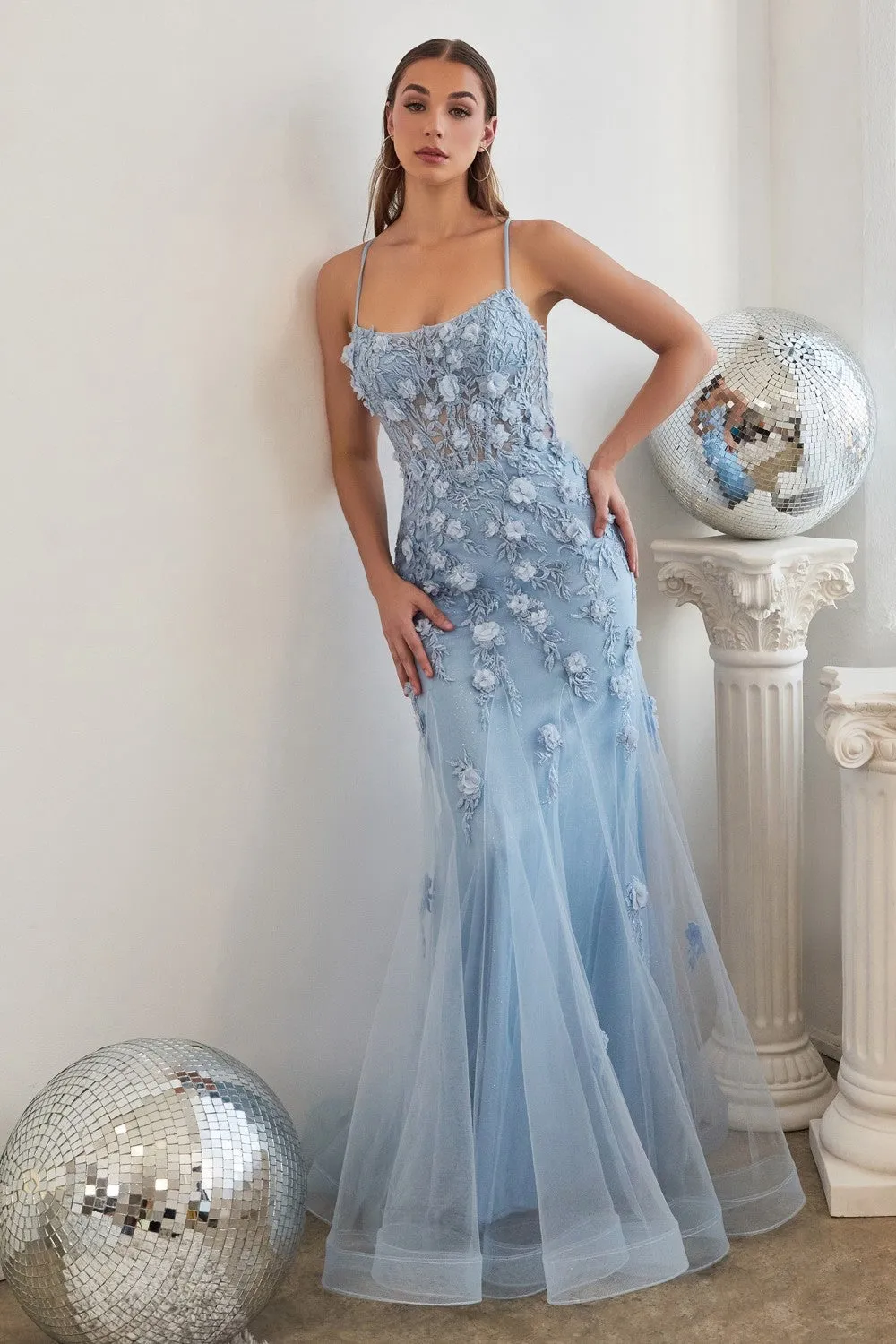 CD CD995 - 3D Floral Embellished Fit & Flare Prom Gown with Sheer Boned Bodice & Lace Up Corset Back