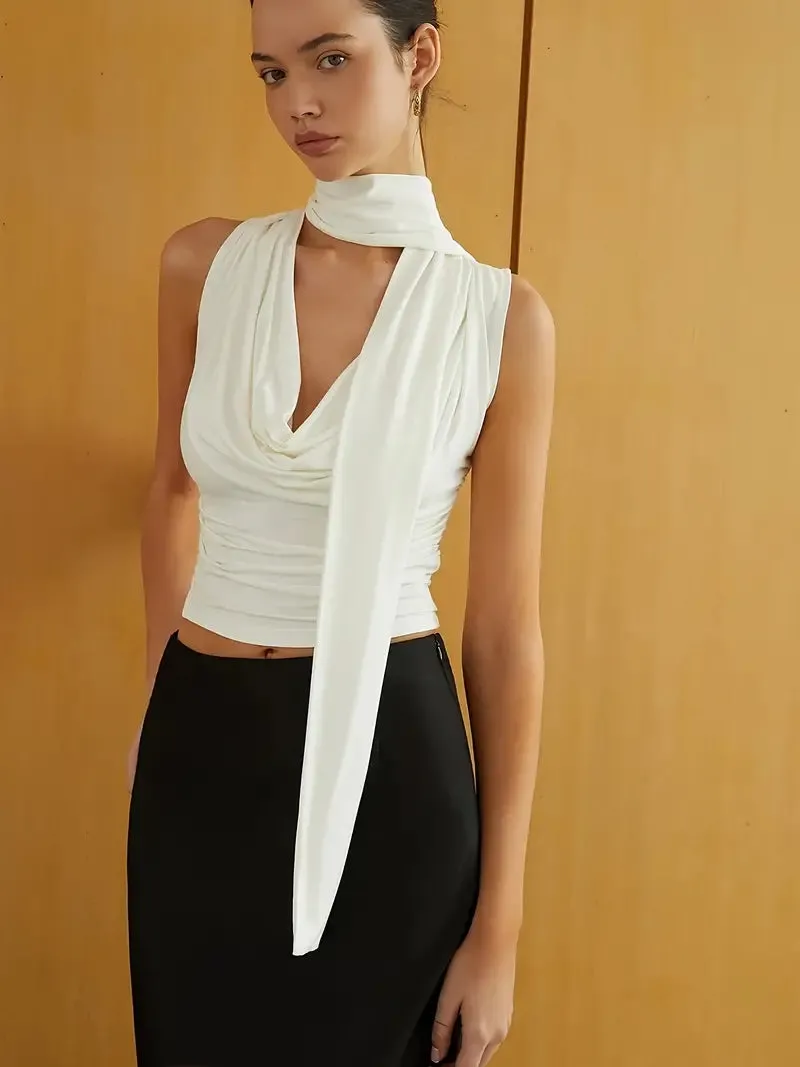 Collar Ribbon Spaghetti Sleeveless V-neck Top