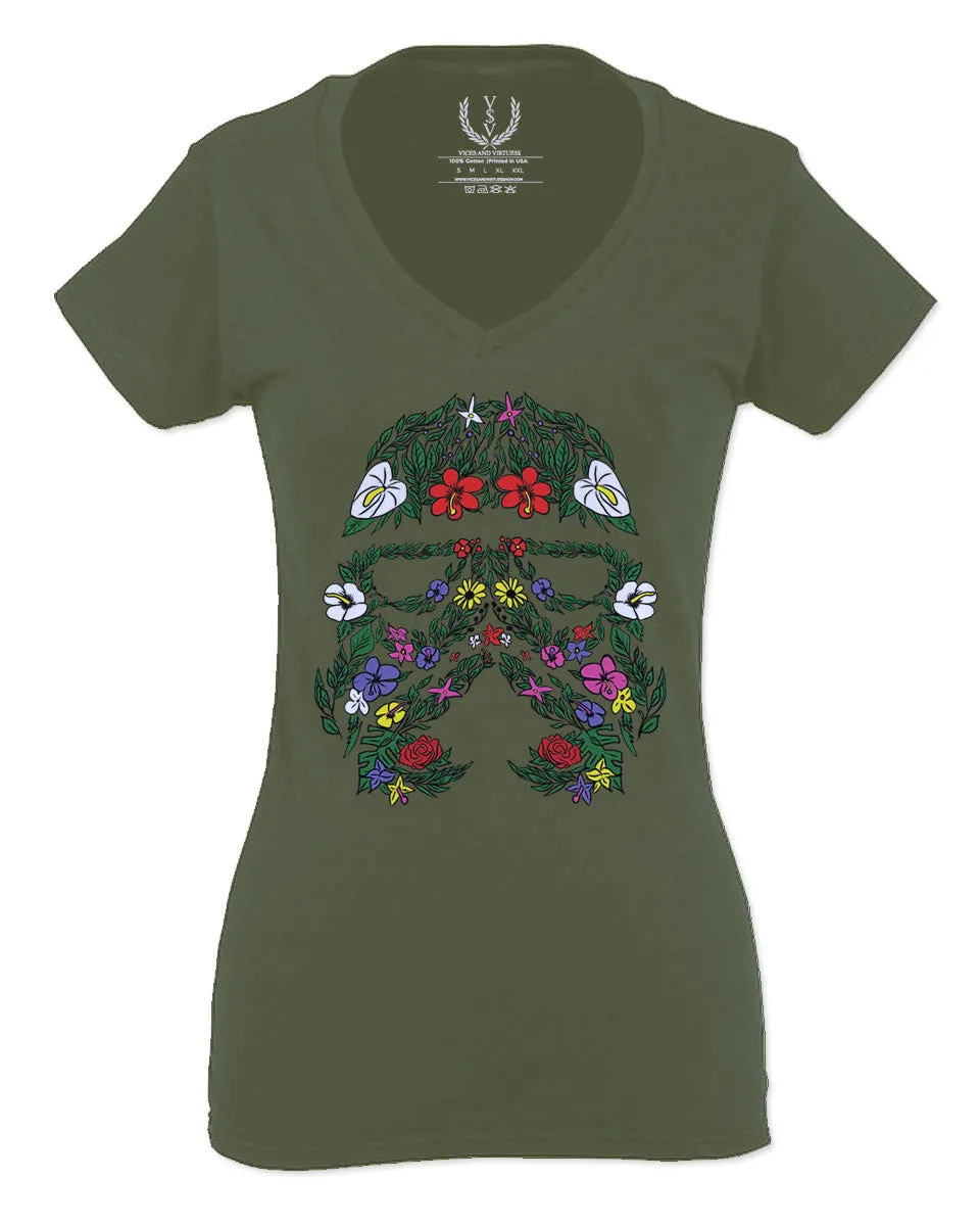 Cool Graphic Floral Tropical Flowers Stormtrooper Street wear For Women V neck fitted T Shirt