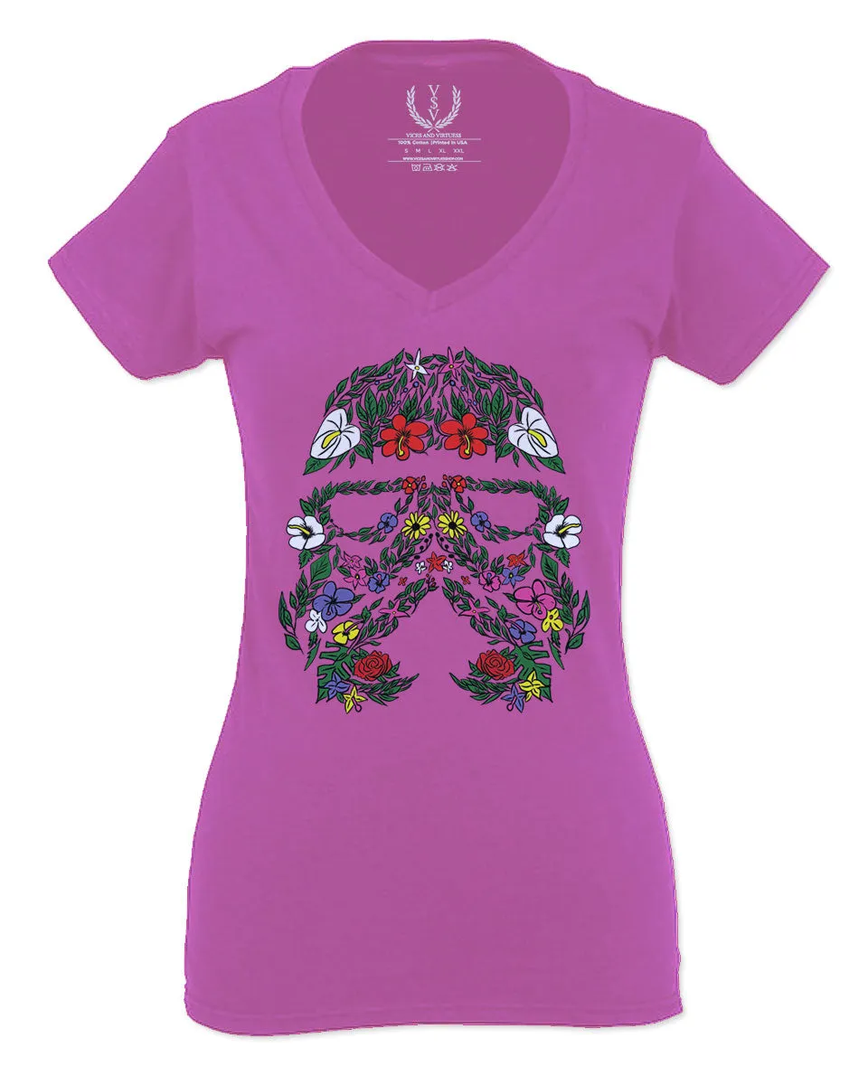 Cool Graphic Floral Tropical Flowers Stormtrooper Street wear For Women V neck fitted T Shirt